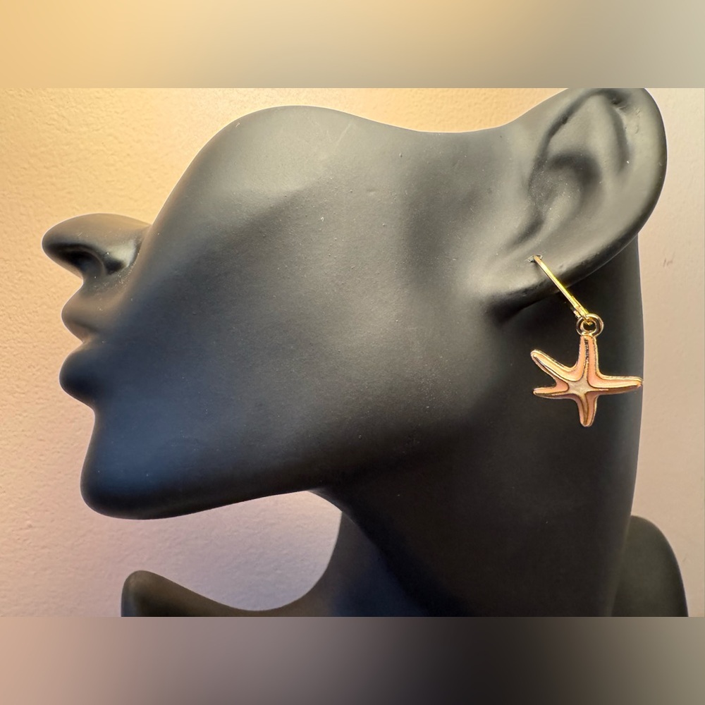 Pink, White & Gold Starfish Charm on 24k Gold Plated Lever back Earring Hooks.